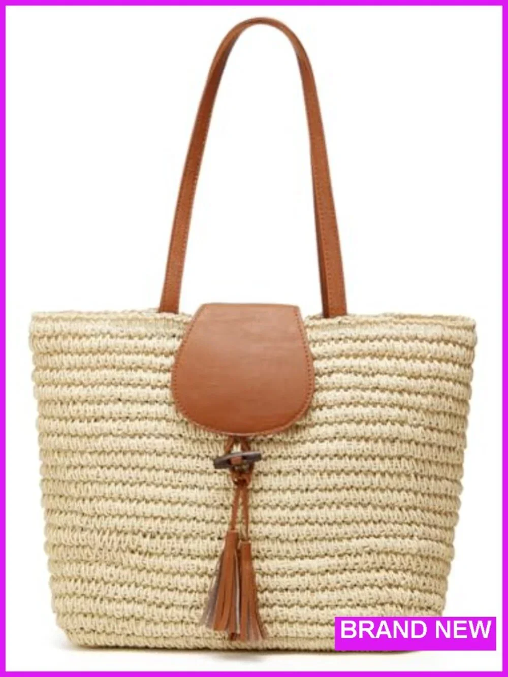 Hand-Woven Straw Shoulder Bag Large Woven Beach Tote Purse Top Handle Handbag